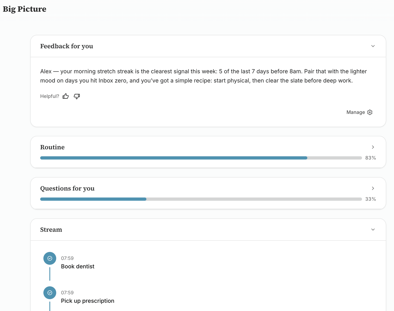 BigPicture dashboard showing insight card, routines, mood trend, and daily questions